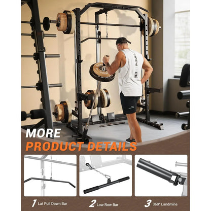 Heavy Duty Smith Machine Power Cage - Integrated Cable Pulley & Lat Pulldown System - Barbell, Safety Spotter Arms, J Hooks, Landmine - Full Body Home Gym Strength Training Equipment(2 Boxes)