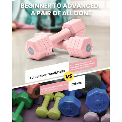Adjustable Dumbbells Set, 4 in 1 Hand Weights Set for Women Men 10 LB/ 12 LB Dumbbell Pair Each 2Lbs 3Lbs 4Lbs 5Lbs Weights Dumbbells Set with TPU Soft Rubber Handle for Gym Exercise Fitness