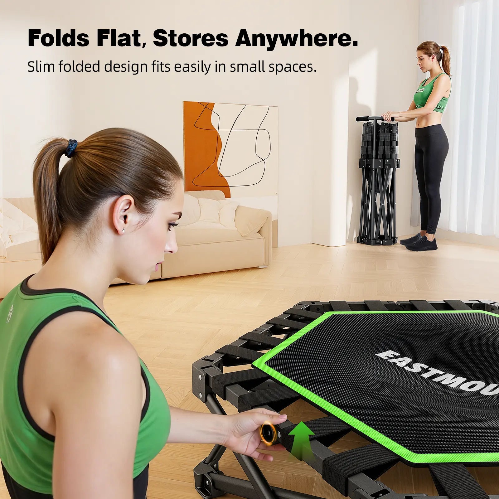 EAST MOUNT 42" Folding Fitness Trampoline for Adults, Foldable Mini Trampoline with Handle, Exercise Rebounder, Small Trampoline for Adults, Max Load 440Lbs, for Indoor Garden Workout