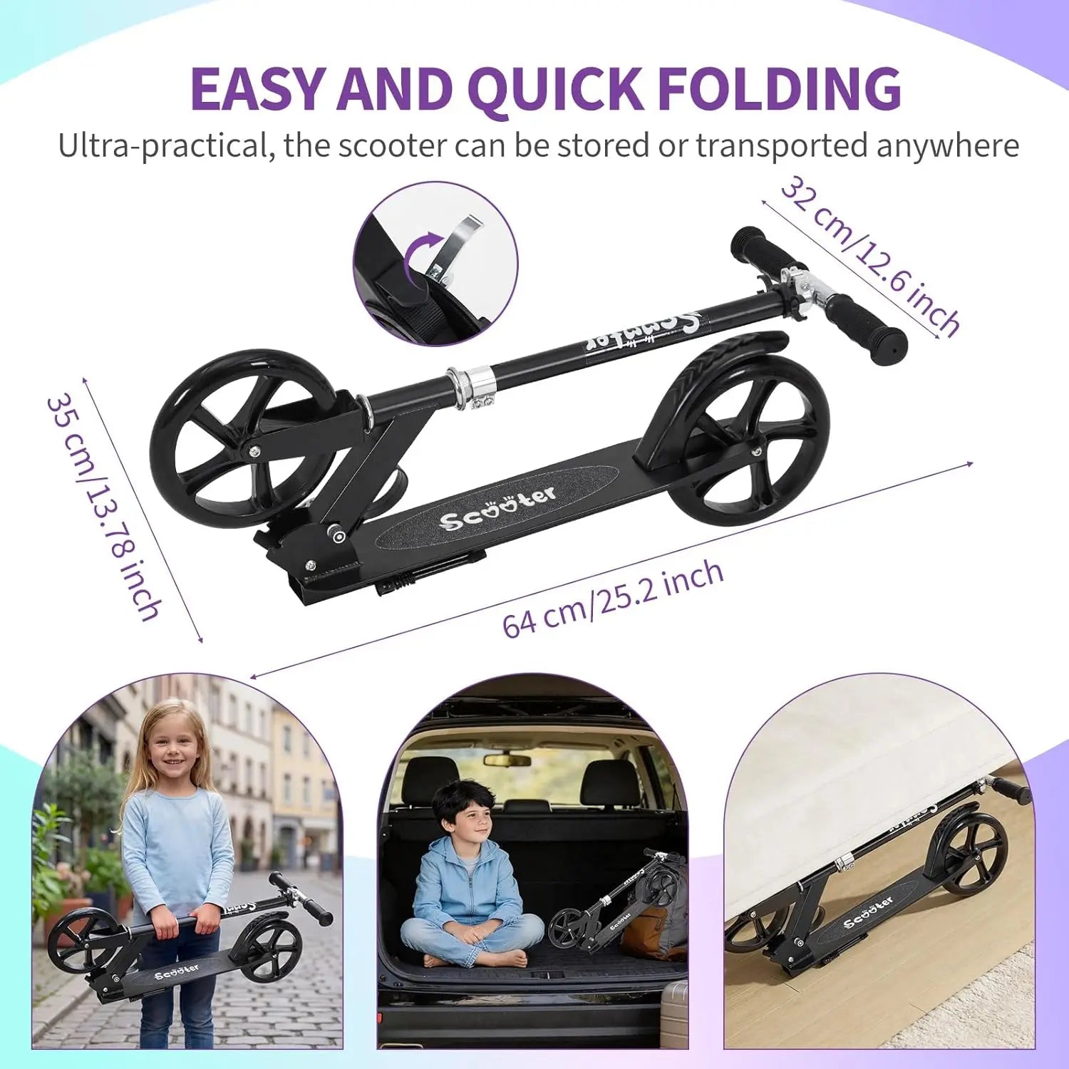 Lightweight Aluminum Folding Kick Scooter for Adults & Kids, Compact Commuter with 8-Inch Big Wheels and Wide Deck, Supports 220 Lbs, Foldable, Adjustable, Foldable Scooter, Kickscooter, Unisex, Ride on Scooter, One-Second Fold