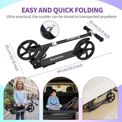 Lightweight Aluminum Folding Kick Scooter for Adults & Kids, Compact Commuter with 8-Inch Big Wheels and Wide Deck, Supports 220 Lbs, Foldable, Adjustable, Foldable Scooter, Kickscooter, Unisex, Ride on Scooter, One-Second Fold
