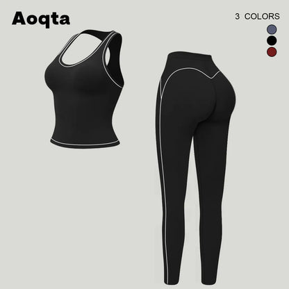 Aoqta Women'S 2-Piece Female Workout Set, V-Neck Racerback Tank Top, High Waist Butt Lifting Pants with Contrast Trim for Gym, Yoga