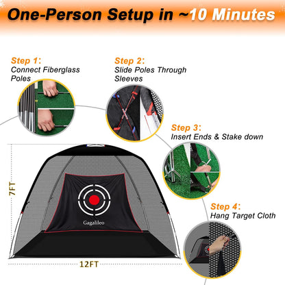 Golf Hitting Net Backyard Driving: 12X7Ft Professional Backstop with Silent Velvet Target Portable Practice for Men Dad Complete Sport Set Gift