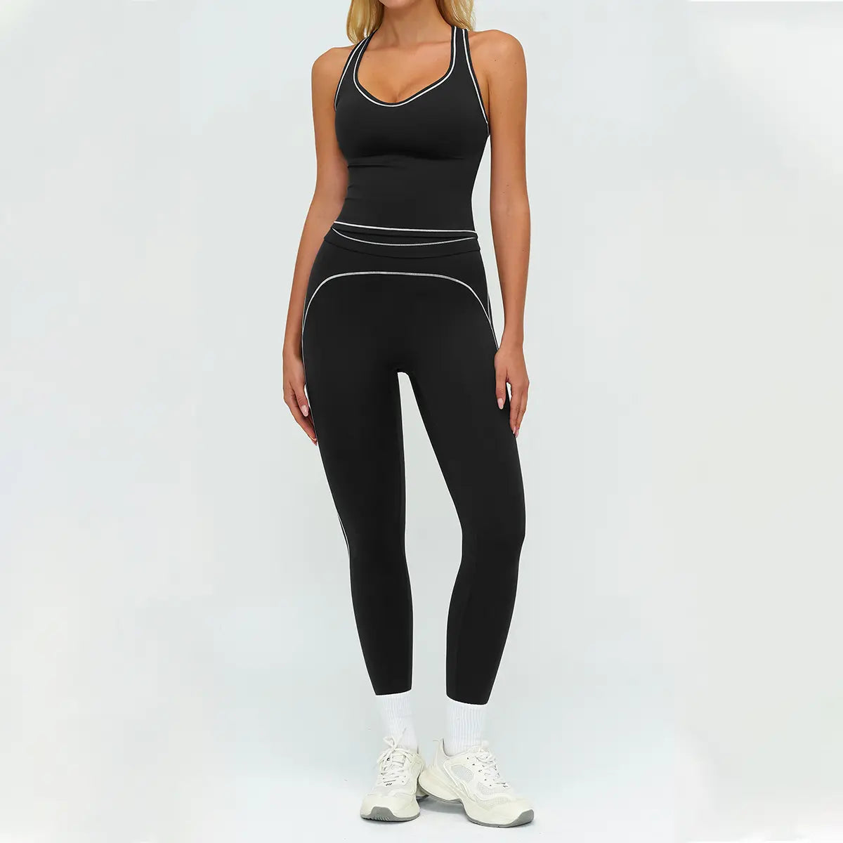 Aoqta Women'S 2-Piece Female Workout Set, V-Neck Racerback Tank Top, High Waist Butt Lifting Pants with Contrast Trim for Gym, Yoga