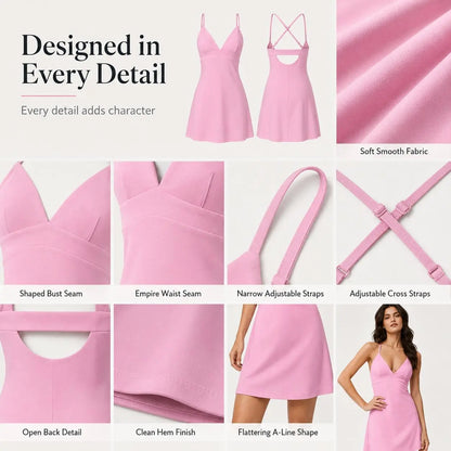 Women'S V-Neck Spaghetti Strap Sports Tennis Dress – Breathable, Flowy Golf & Fitness Dress with Built-In Anti-Exposure Shorts
