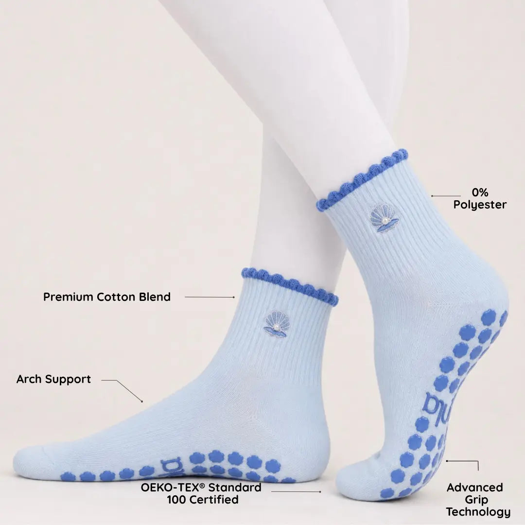 The Pearl Embellished Embroidery Grip Sock with Blue Shell-Inspired Grips for Pilates, Barre, Lagree, and Yoga