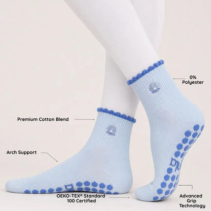 The Pearl Embellished Embroidery Grip Sock with Blue Shell-Inspired Grips for Pilates, Barre, Lagree, and Yoga
