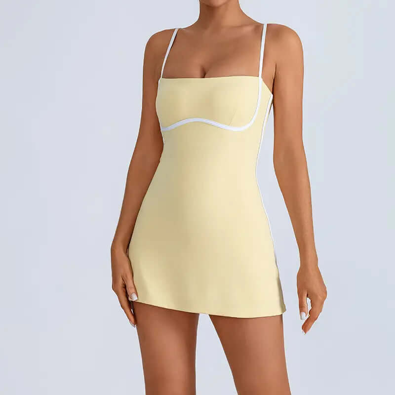 Women'S 2-Pcs Color-Blocking Athletic Dress & Anti-Glare Leggings Set - Chest Cushion, Workout Sets, Sport-Ready Compression Wear for Tennis, Yoga in light yellow color.