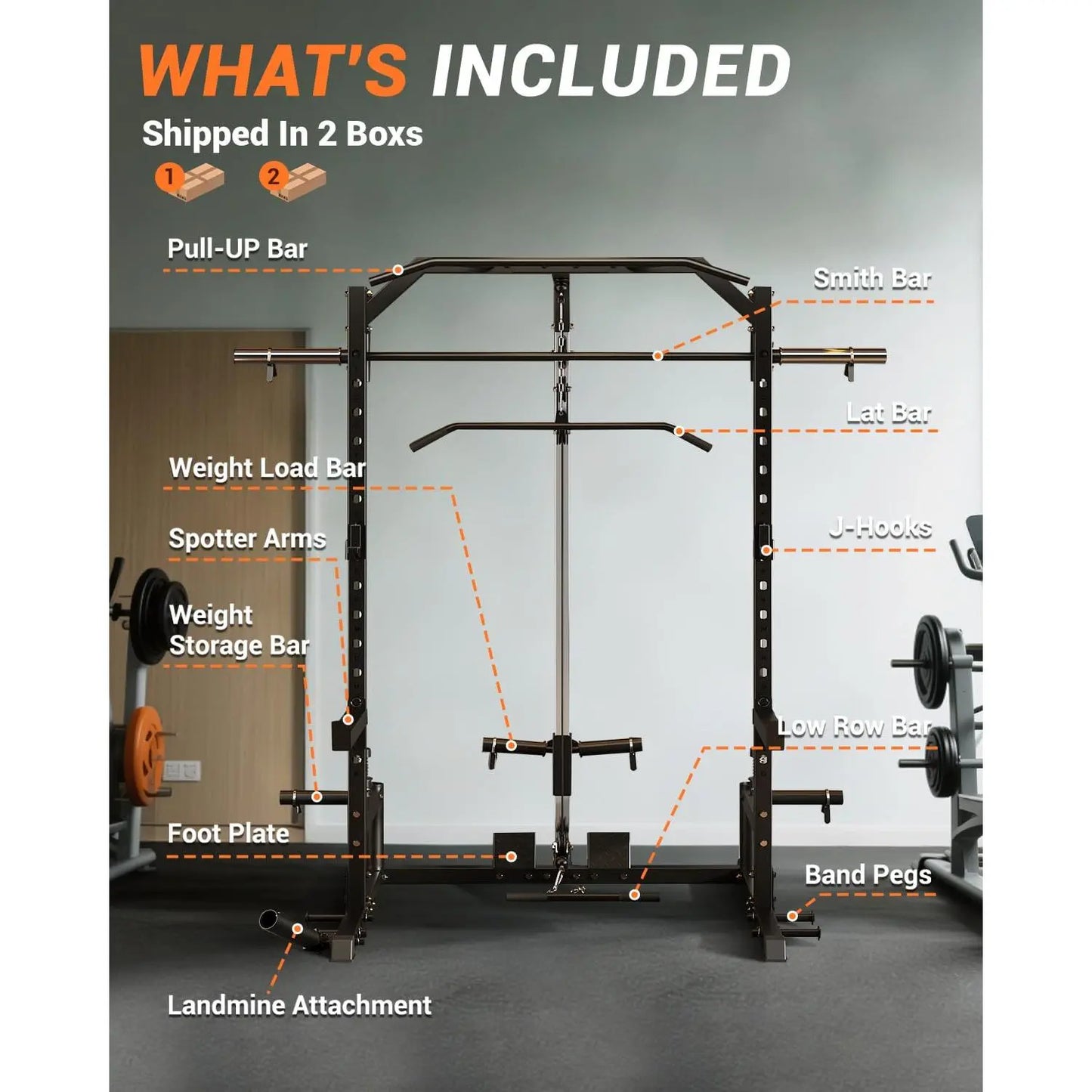 Heavy Duty Smith Machine Power Cage - Integrated Cable Pulley & Lat Pulldown System - Barbell, Safety Spotter Arms, J Hooks, Landmine - Full Body Home Gym Strength Training Equipment(2 Boxes)
