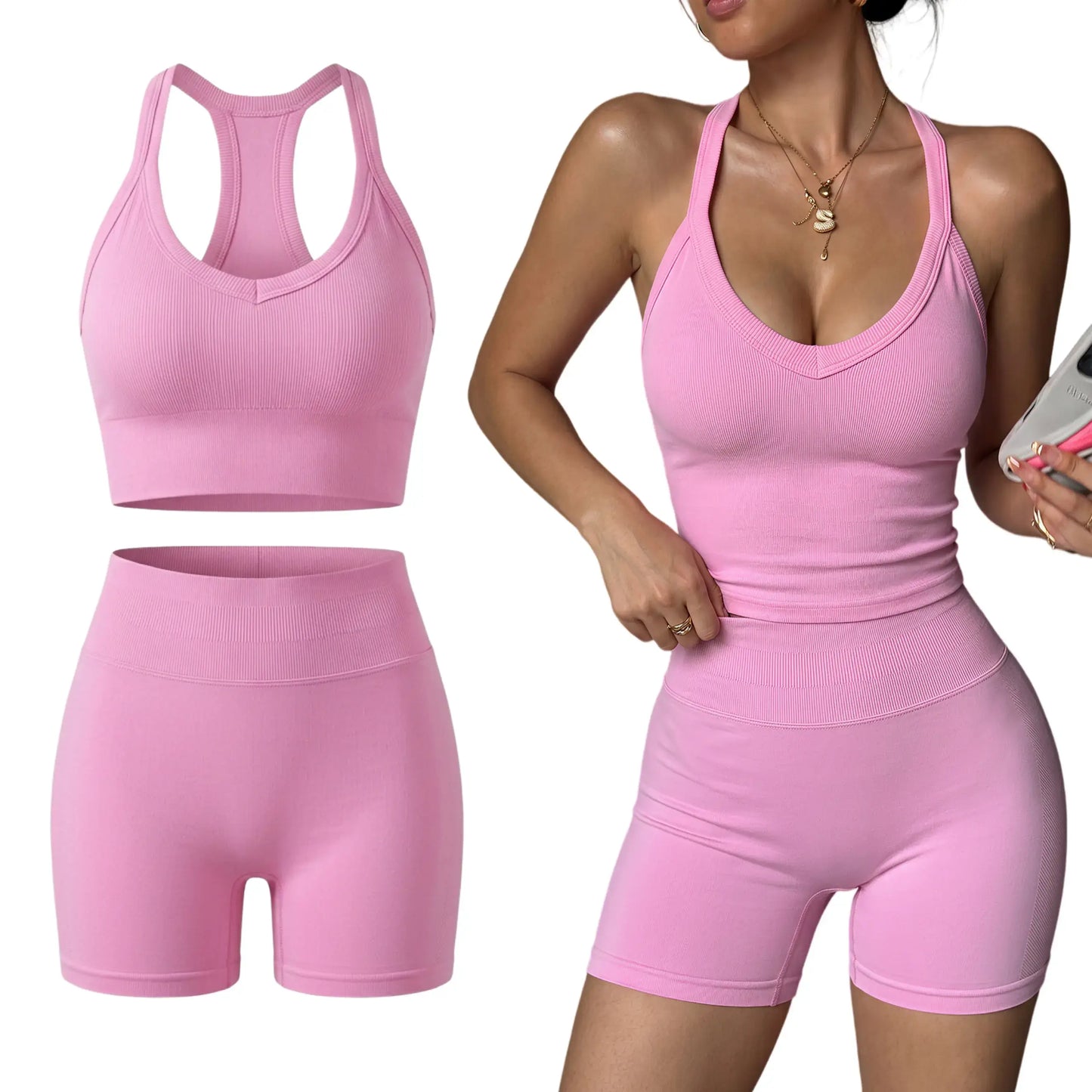 Women'S 2 Piece Yoga Outfit, Racerback Tank Top & Shorts Set, Padded Sports Bra, Sexy Back Support Workout Suit for Pilates & Outdoor Wear