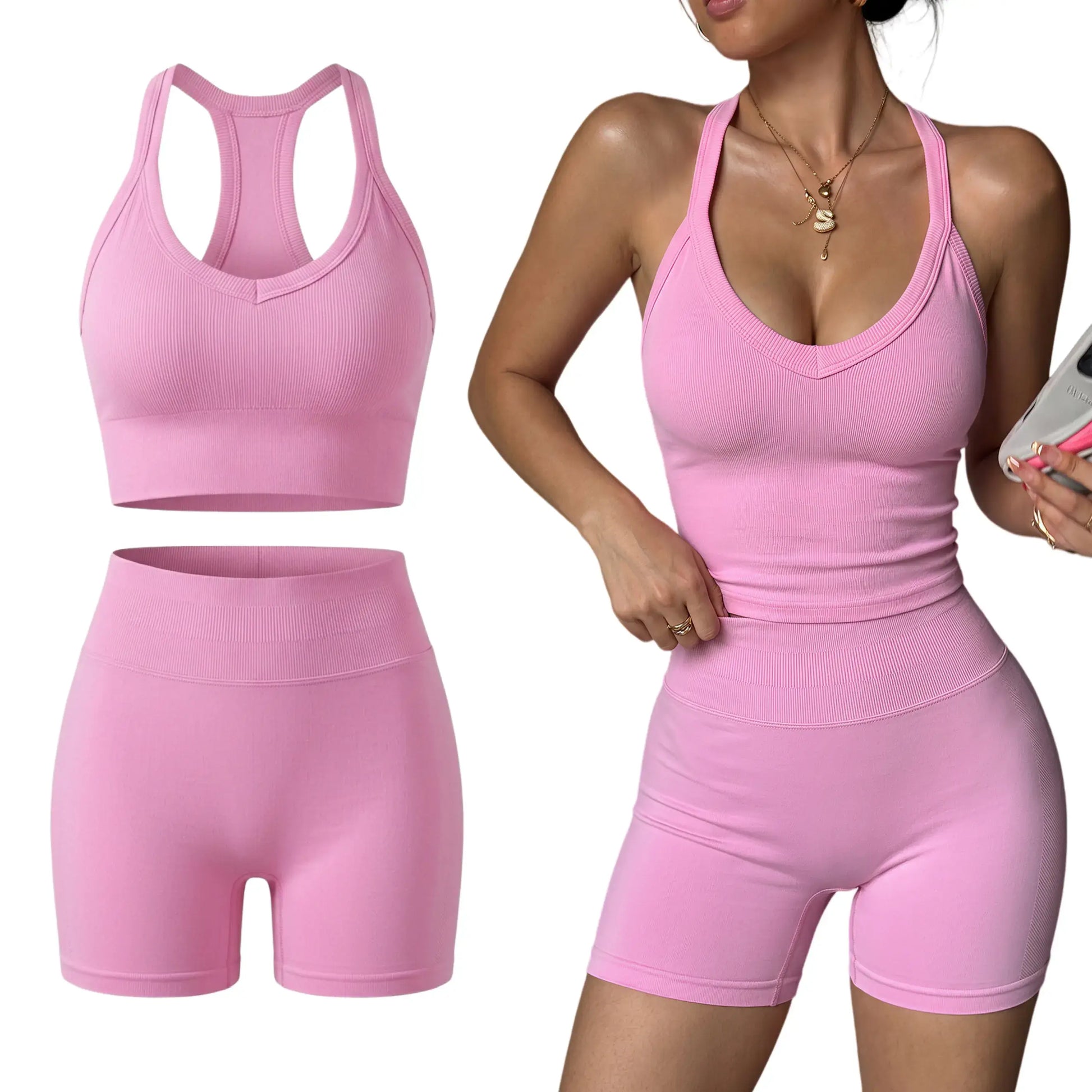 Women'S 2 Piece Yoga Outfit, Racerback Tank Top & Shorts Set, Padded Sports Bra, Sexy Back Support Workout Suit for Pilates & Outdoor Wear