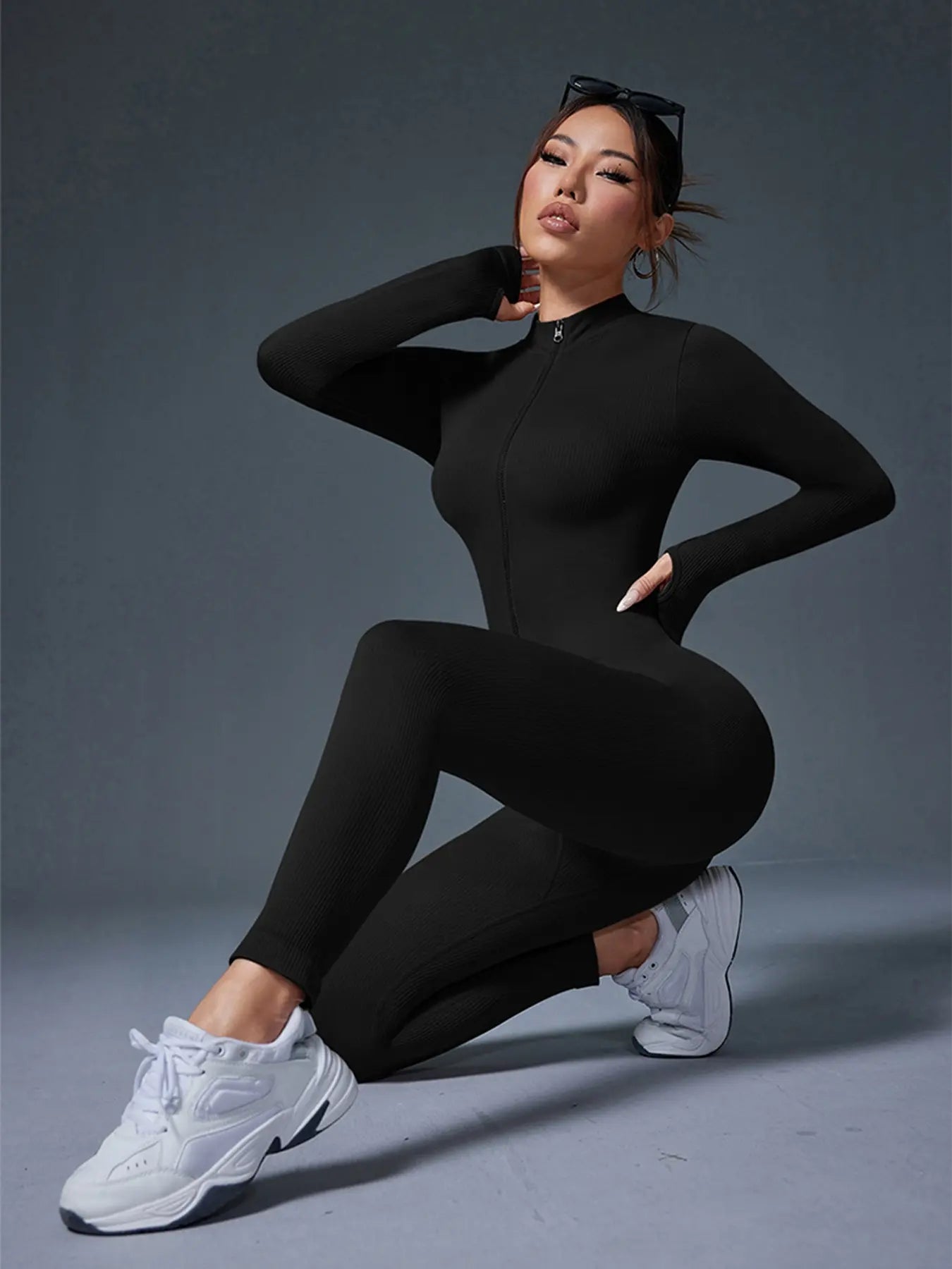 Women'S Sports Crew Neck Long-Sleeve Yoga Bodysuit, Slim-Fitting Knee-Length Knitted Jumpsuit, Suitable for All-Season Wear, Casual and Fashionable Clothing, Athleisure Style, Workout Jumpsuit, Sportswear Jumpsuit, Yoga Workout Jumpsuits
