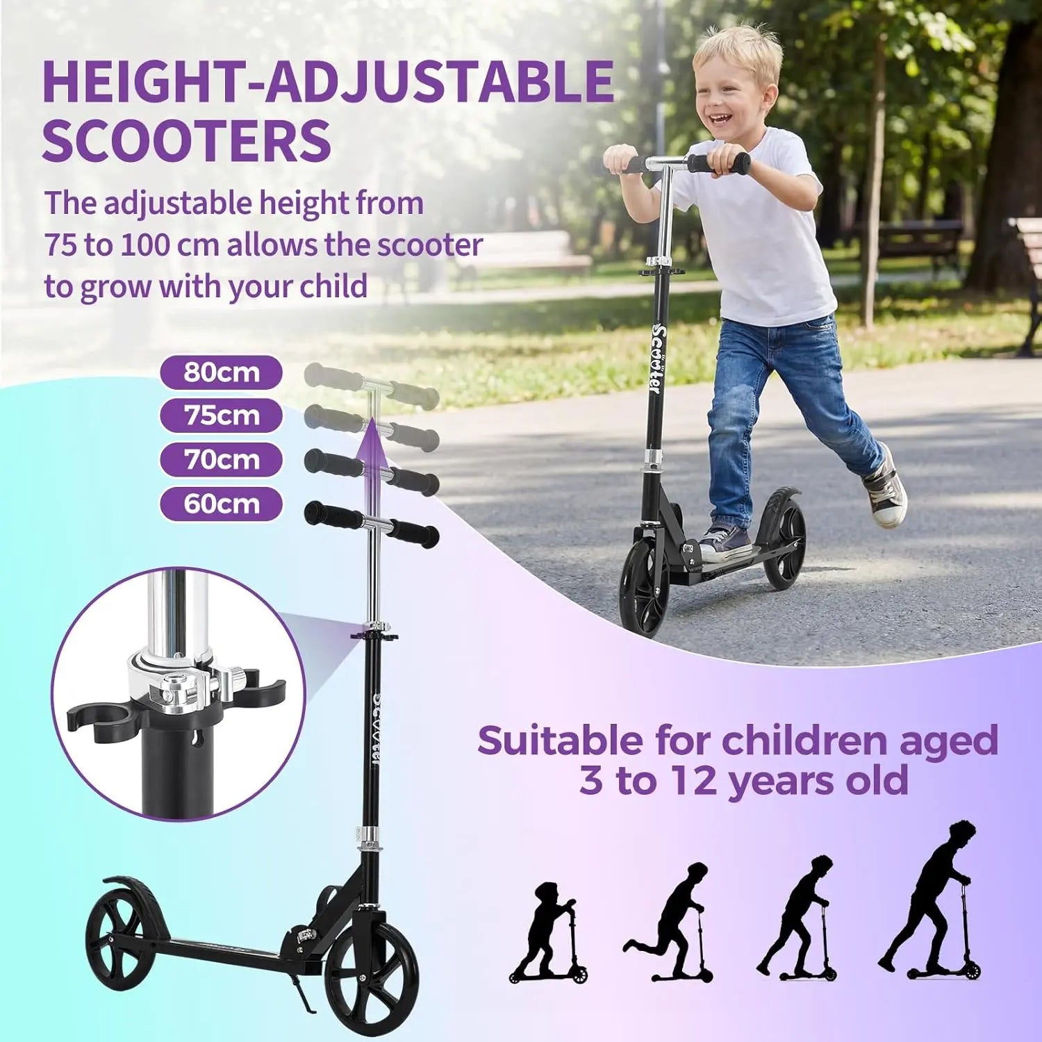 Lightweight Aluminum Folding Kick Scooter for Adults & Kids, Compact Commuter with 8-Inch Big Wheels and Wide Deck, Supports 220 Lbs, Foldable, Adjustable, Foldable Scooter, Kickscooter, Unisex, Ride on Scooter, One-Second Fold