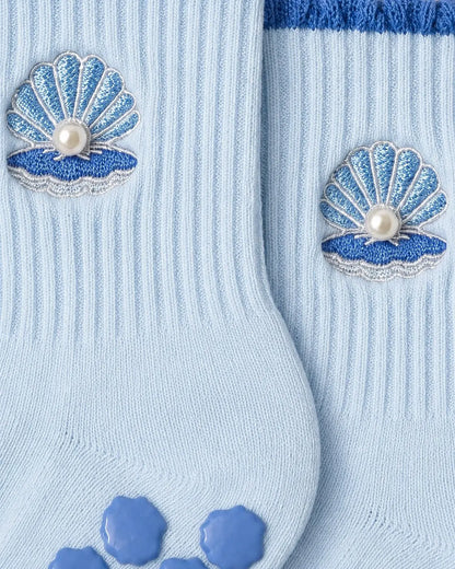 The Pearl Embellished Embroidery Grip Sock with Blue Shell-Inspired Grips for Pilates, Barre, Lagree, and Yoga