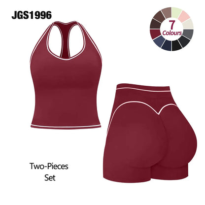 JGS1996 Women'S 2-Piece Activewear Clothing Sets – Contrast Trim Crop Sports Bra & High Waist Skinny Gym Shorts, High Stretch Breathable Quick Dry Tracksuit with Spaghetti Strap Backless Design for Yoga Workout Summer All Seasons