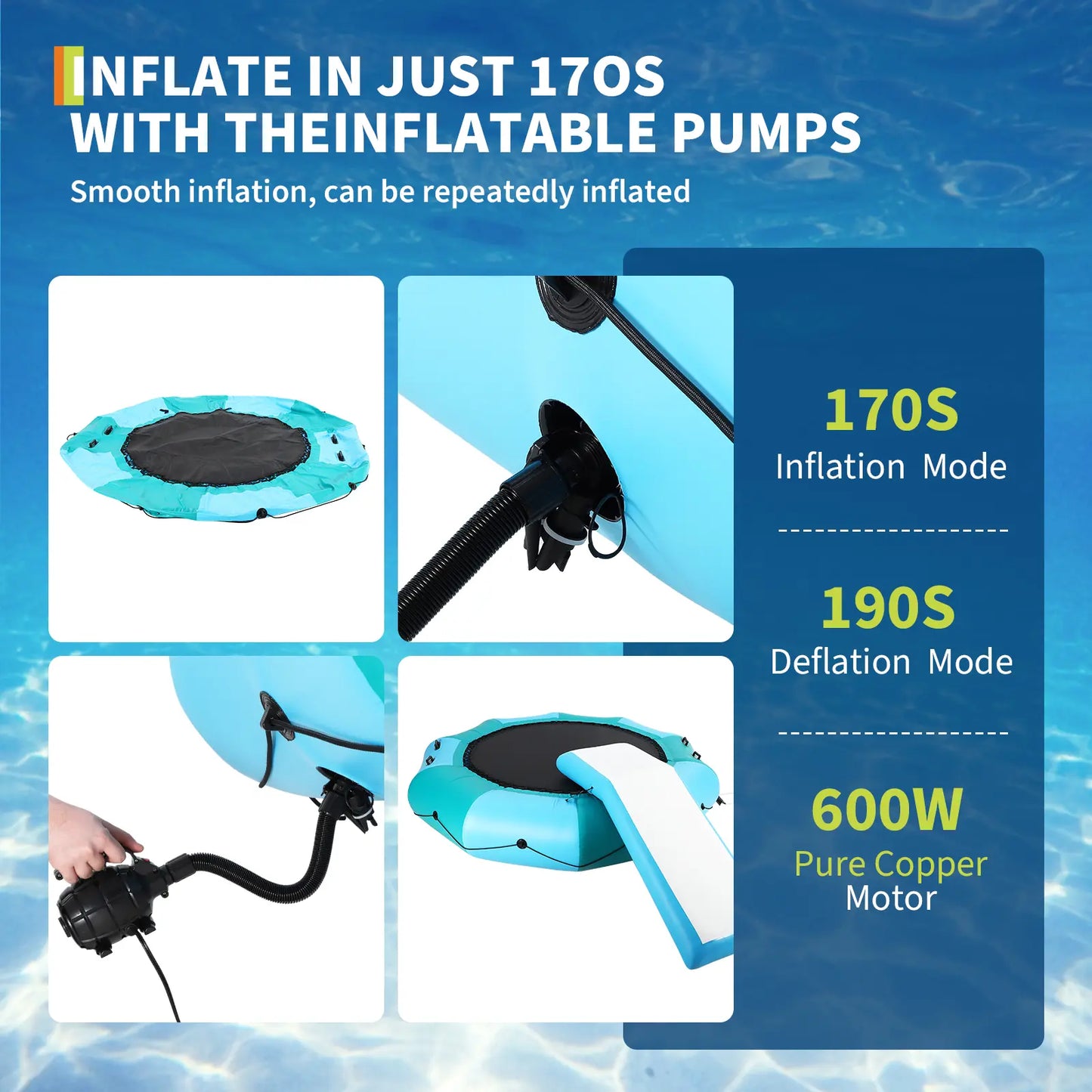 10Ft Inflatable Water Trampoline with Slide & Ladder, Heavy Duty Water Bouncer for Lake & Pool, Inflatable Swim Platform with 600W Powerful Pump, Summer Water Party Fun Summergarden