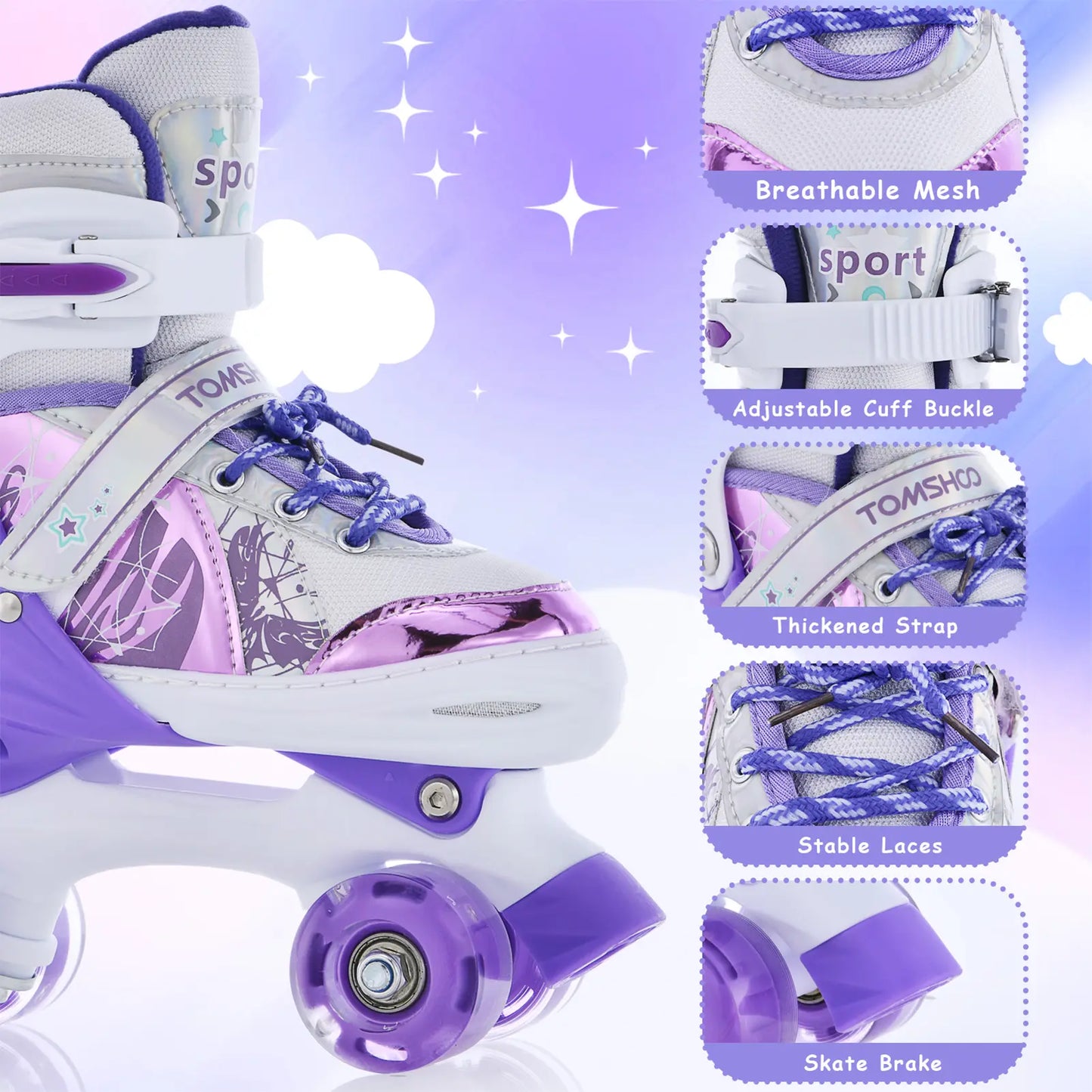 TOMSHOO Adjustable Light up Roller Skates for Kids Boys Girls 2 Sizes Glowing Wheels Outdoor Indoor Skating Purple White