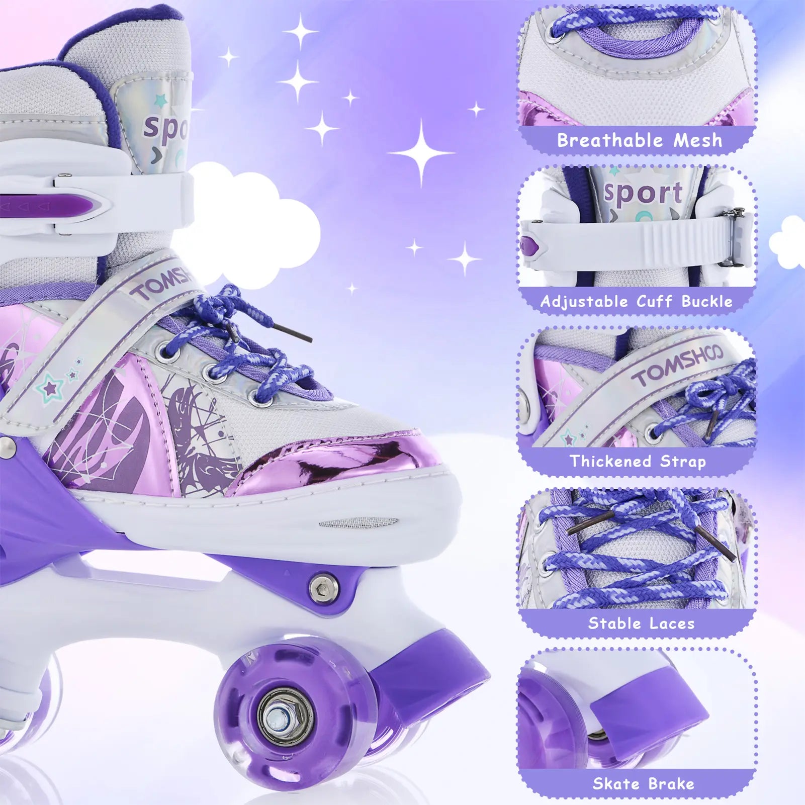 TOMSHOO Adjustable Light up Roller Skates for Kids Boys Girls 2 Sizes Glowing Wheels Outdoor Indoor Skating Purple White