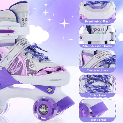 TOMSHOO Adjustable Light up Roller Skates for Kids Boys Girls 2 Sizes Glowing Wheels Outdoor Indoor Skating Purple White